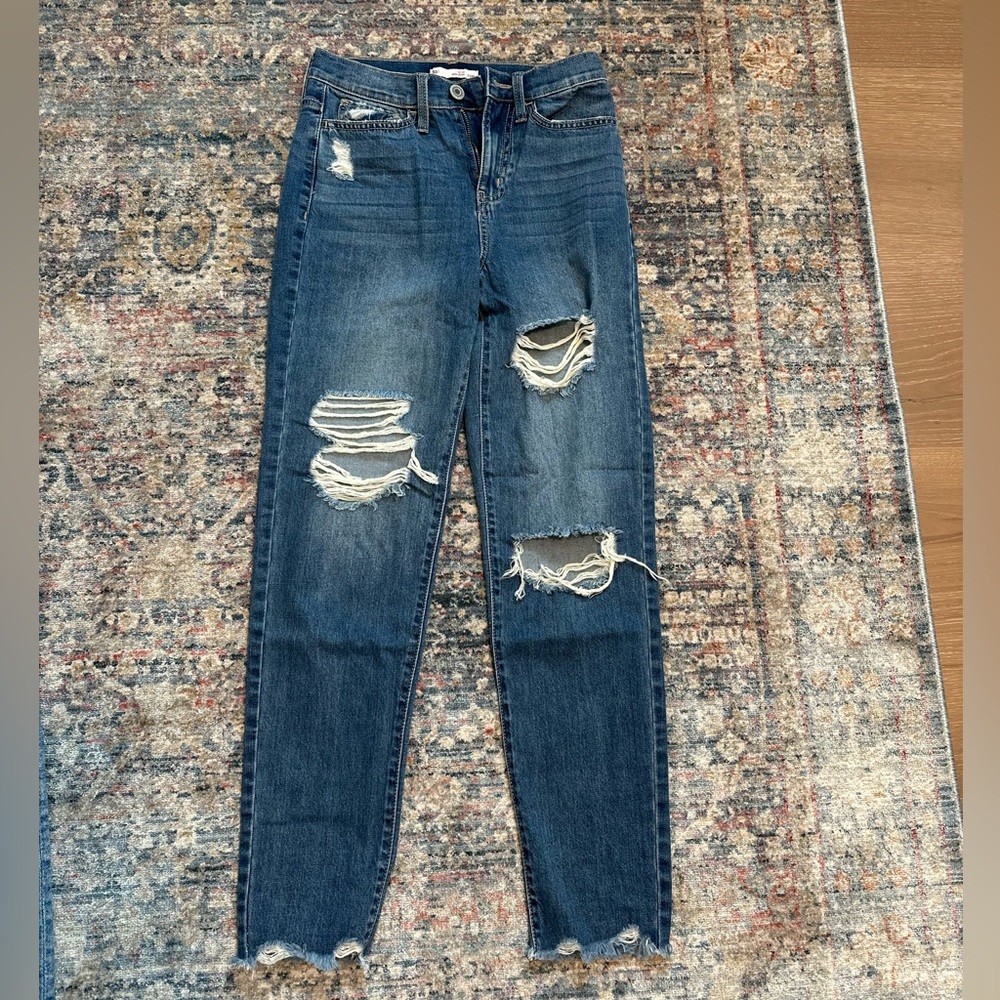 SO Women's Distressed Denim Mom Jeans